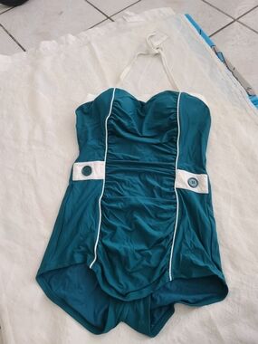 Modcloth Teal One-Piece Swimsuit with White Trim